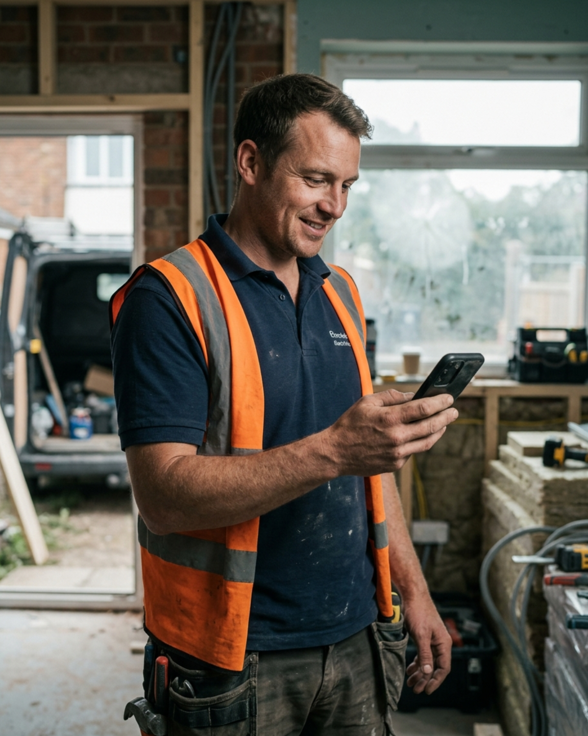 social media management UK - tradesperson checking phone